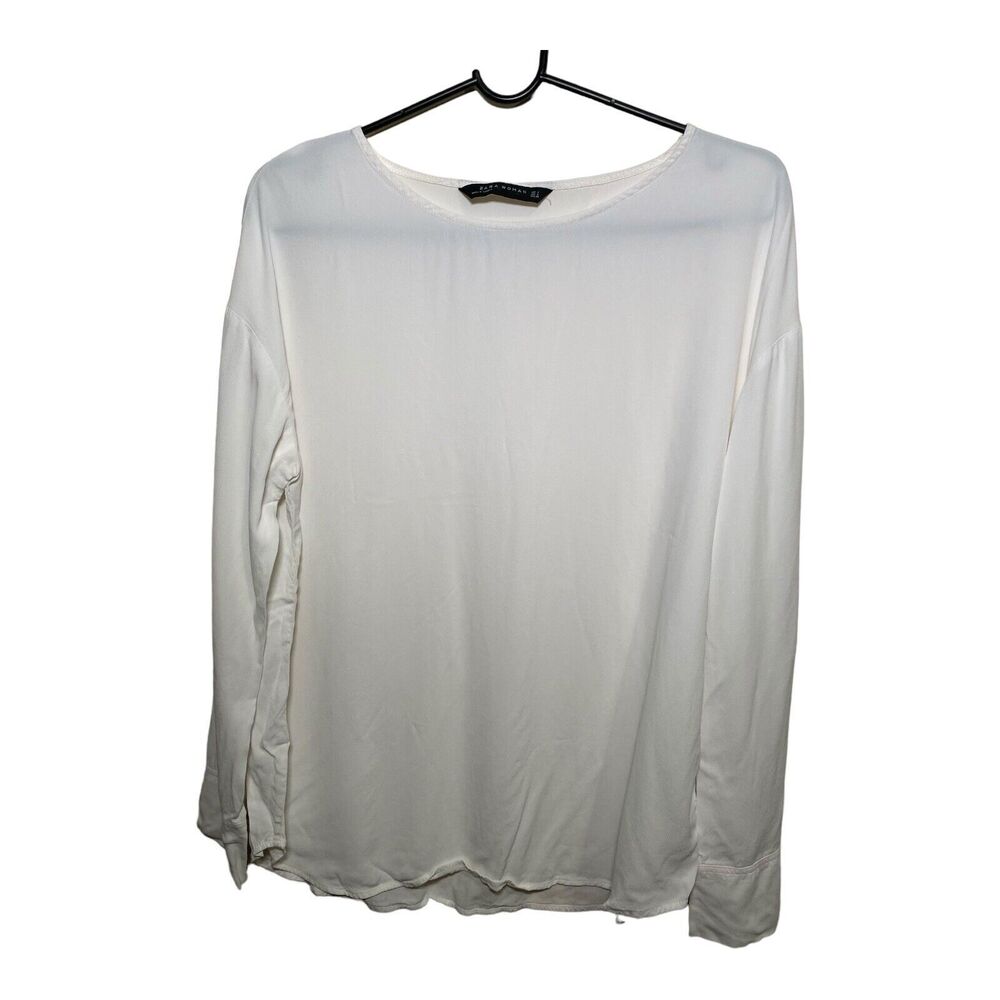 Vintage ZARA White Ladies Long Sleeve Round Neck Top Lightweight Blouse Size Sma